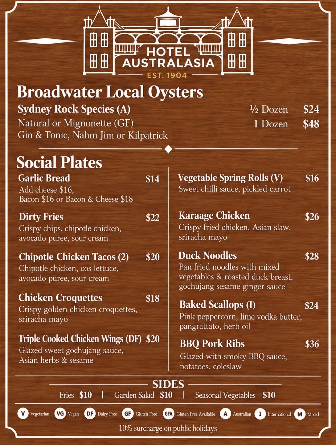 Hotel Australasia menu - oysters, social plates and sides