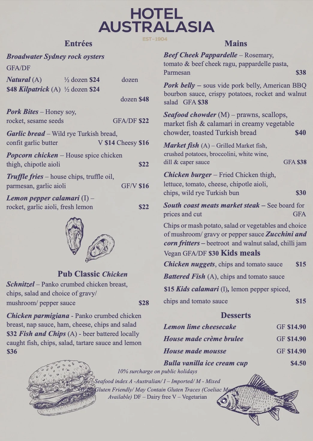 Hotel Australasia food menu - winter 2026