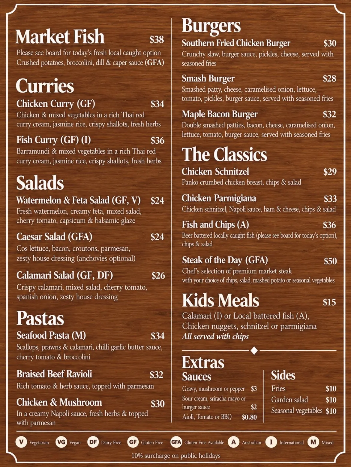 Hotel Australasia menu - mains, burgers, classics and kids meals
