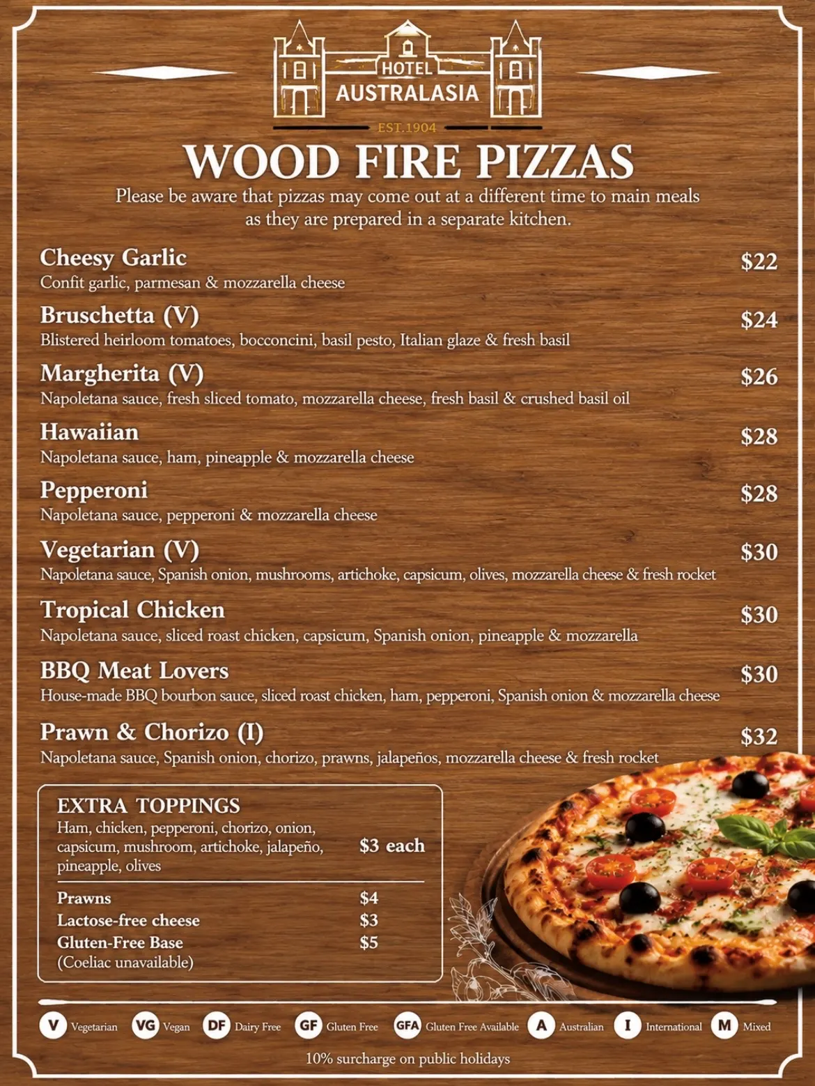 Hotel Australasia wood fire pizza menu