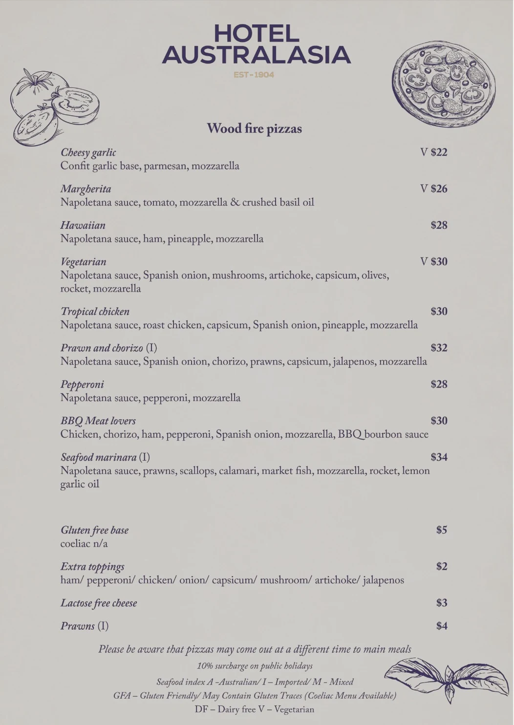 Hotel Australasia wood fire pizza menu - winter 2026
